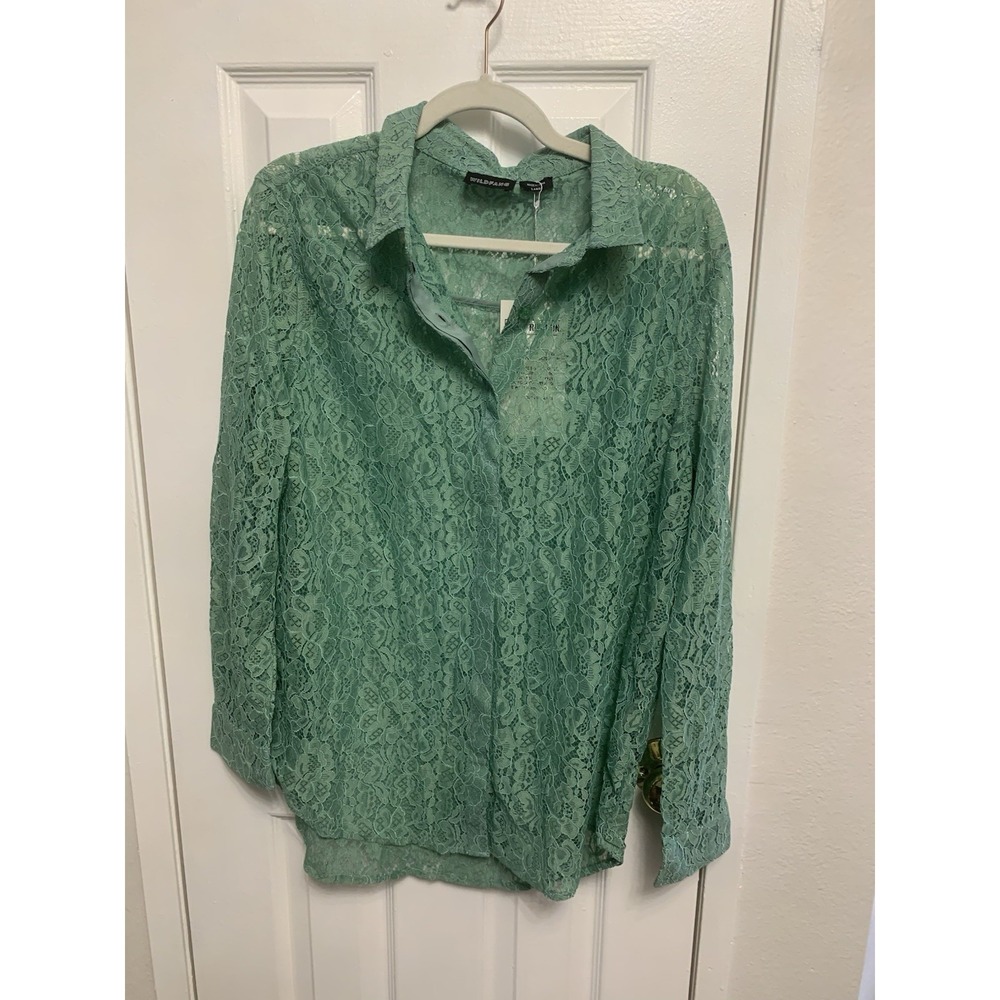 NWT Wildfang Empower Lace Button Up Long Sleeve Shirt In Mint Green Large